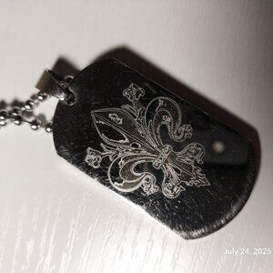 Stainless Steel Antique Fleur De Lis Engraved Dog Tag Pendant Necklace 24 inch